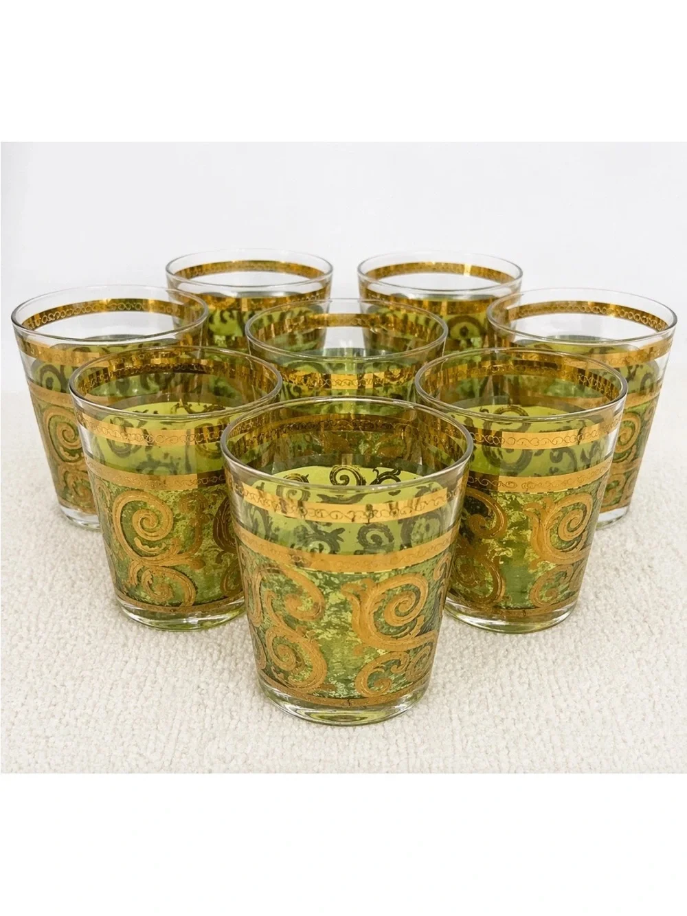 Vintage Culver Toledo 22K Gold Green Rocks Glasses Set of 6 MCM Barware